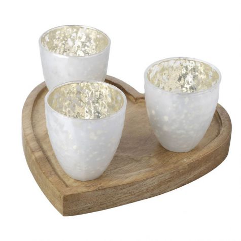 White and Gold Tealight Holders on Wood Heart
